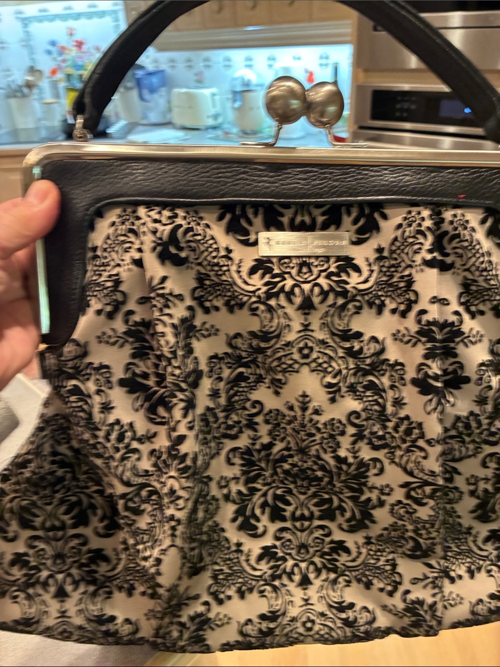 Classic Black & Cream Damask Frame-Top Wristlet